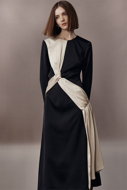 PURITY Classic Elegant contrasting French satin long-sleeved dress- Felice