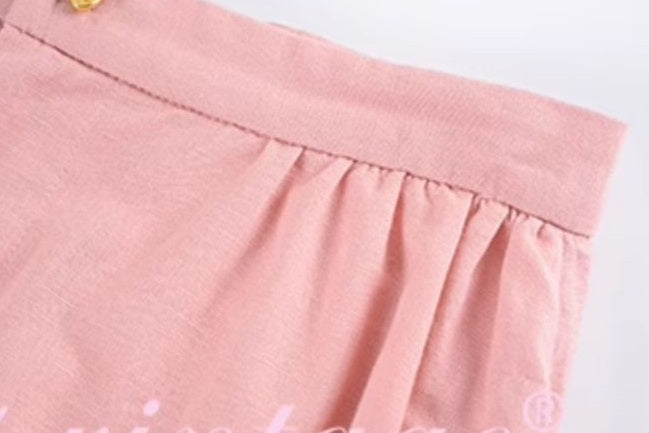 Le Palais Vintage  Gold Cotton Linen Pink Puff Sleeve Shirt + Shorts-ASA.