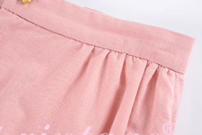 Le Palais Vintage  Gold Cotton Linen Pink Puff Sleeve Shirt + Shorts-ASA.