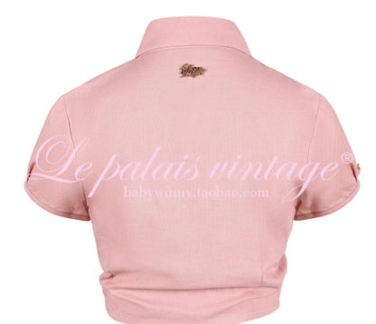 Le Palais Vintage  Gold Cotton Linen Pink Puff Sleeve Shirt + Shorts-ASA.