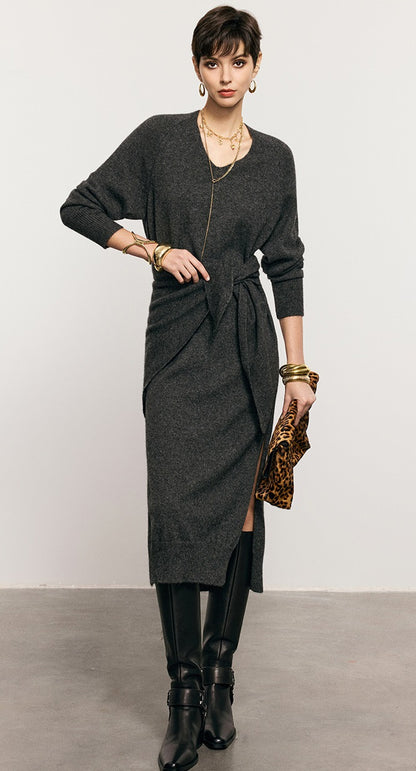 ANNASPEAK  Wool V-Neck Dress Shawl Knit Set Winter-KIKI.