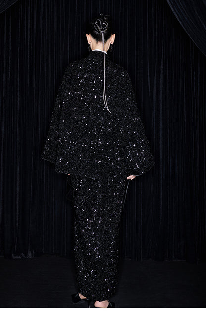 M essential Mackay designer three-dimensional silver orchid catenary beaded jacket - sill.