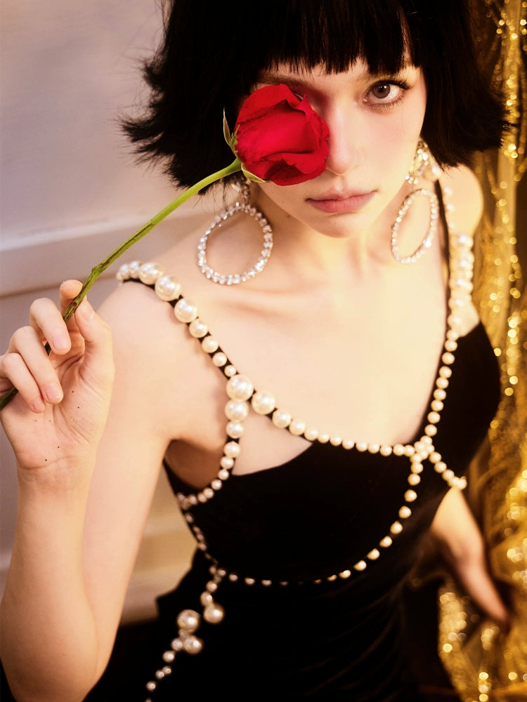 DOLLY Elegant French Style Black Sleeveless Pearl Velvet Slim Fit Dinner Dress-EMILY (V)