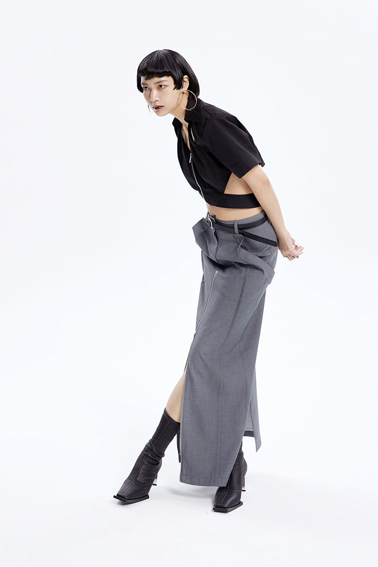 TINY IN zippered slit long straight legs structured seams low waist skirt -TENDO