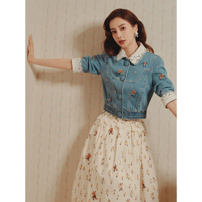 FAME embroidered collar beads bow denim jacket - ETHAN
