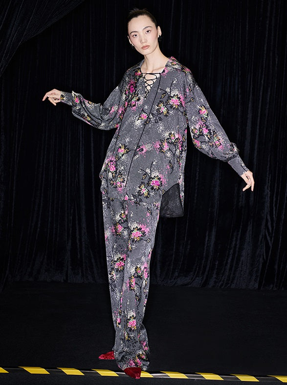 M essential Mackay designer cherry blossom print beads scissor neck loose top - NOCTAINE.