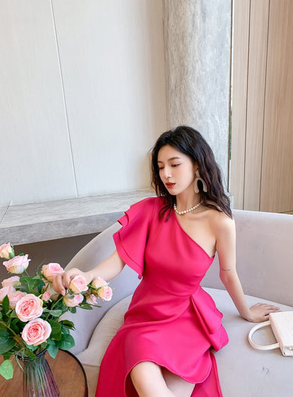 DOLLY Elegant Slant Collar Ruffle Sleeve Slim Fit Midi Irregular Skirt Party Dress-GANGA