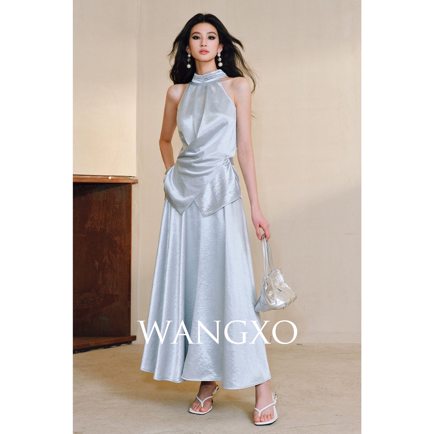WANGXO | Pearl Lustrous Luxury Gilt Satin  Halterneck Folded Waist Top & High-Waisted Umbrella Skirt Set - ARIA