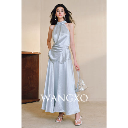 WANGXO | Pearl Lustrous Luxury Gilt Satin  Halterneck Folded Waist Top & High-Waisted Umbrella Skirt Set - ARIA