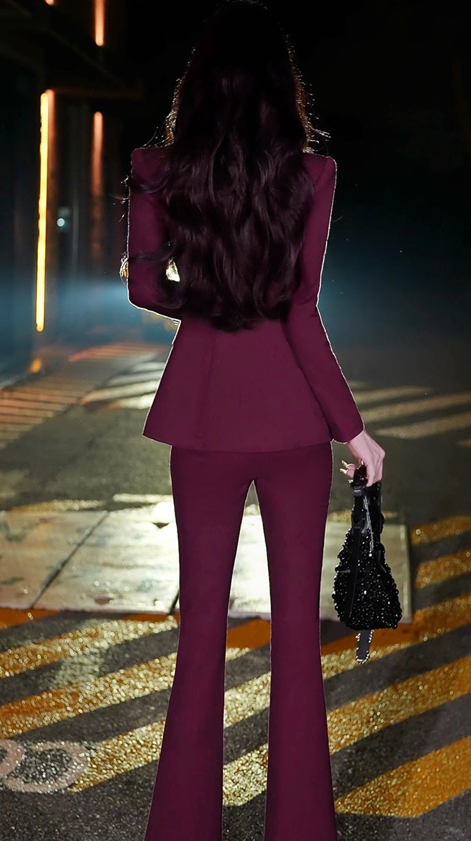 VJE  Burgundy Spliced Small Pants Two-Piece Set  Suit - HANS?