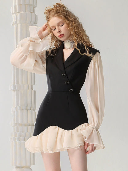 CHECOCRE Elegant Ruffle Contrasting Design Black Suit Dress- EDNA