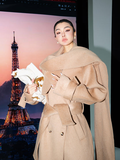 MEI SANGUAN 100% Wool Milk Tea Scarf-Tie Jacket - DELL