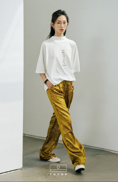 TUYUE yellow silk satin jacquard casual straight-leg pants - JAMAL.
