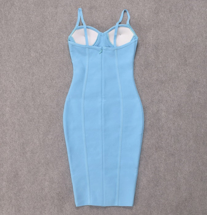 DOLLY Elegant Blue Deep V-Neck Sleeveless Knitted Body Hug Party Dress-KAREN