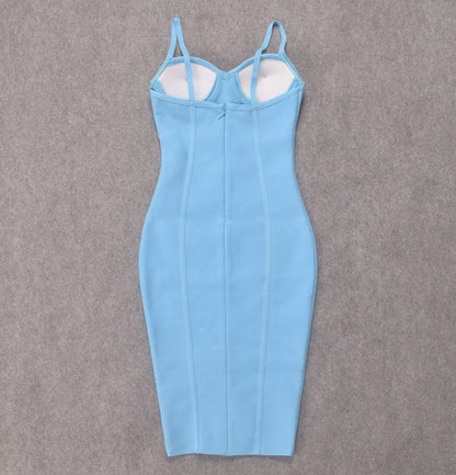 DOLLY Elegant Blue Deep V-Neck Sleeveless Knitted Body Hug Party Dress-KAREN