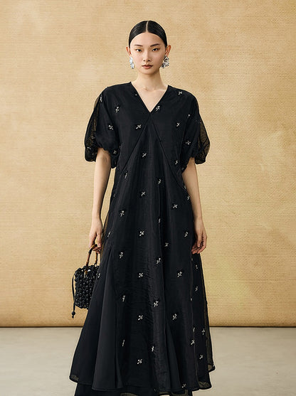 HECO  New Chinese Embroidered V-Neck Puff Sleeve Dress - CORAINE.