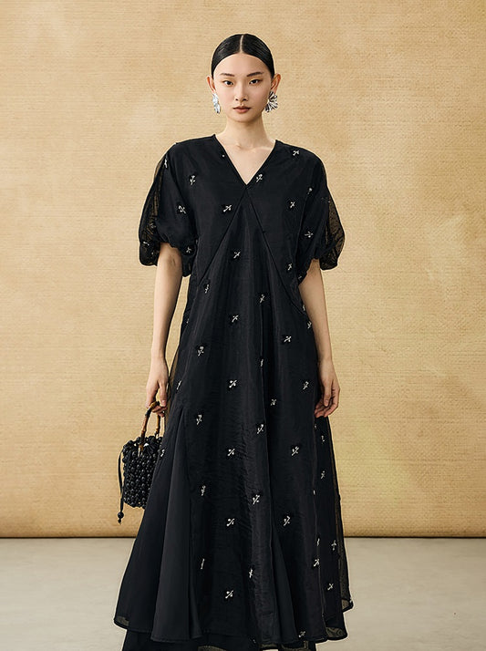 HECO  New Chinese Embroidered V-Neck Puff Sleeve Dress - CORAINE.