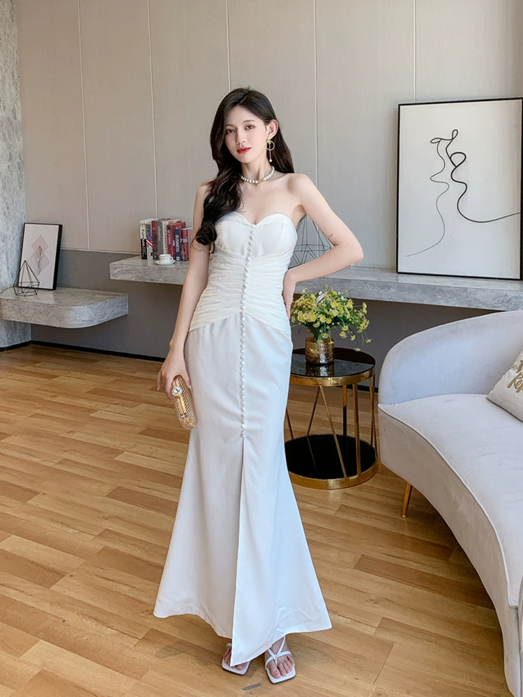 DOLLY Elegant Retro Style Sleeveless Off Shoulder Chest Wrap Long Fish Tail Dress-POW