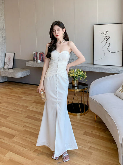 DOLLY Elegant Retro Style Sleeveless Off Shoulder Chest Wrap Long Fish Tail Dress-POW