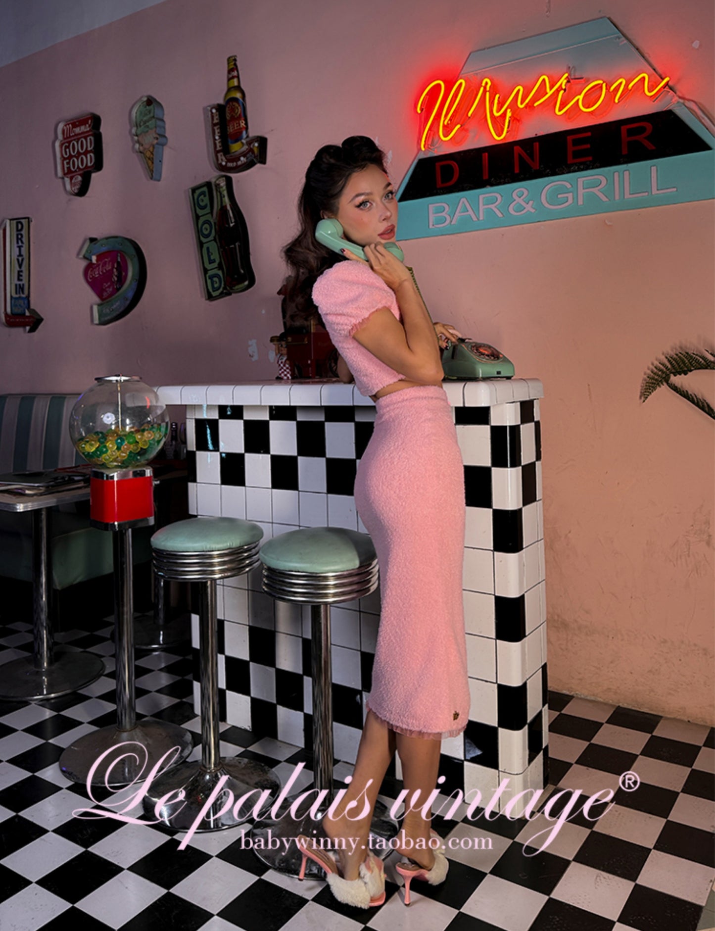 Le Palais Vintage Pink Plush Crop Top + Hip Skirt Set