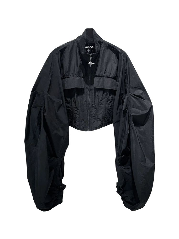 ANNAKIKI Futuristic herringbone shirred slim cropped jacket-KEANE