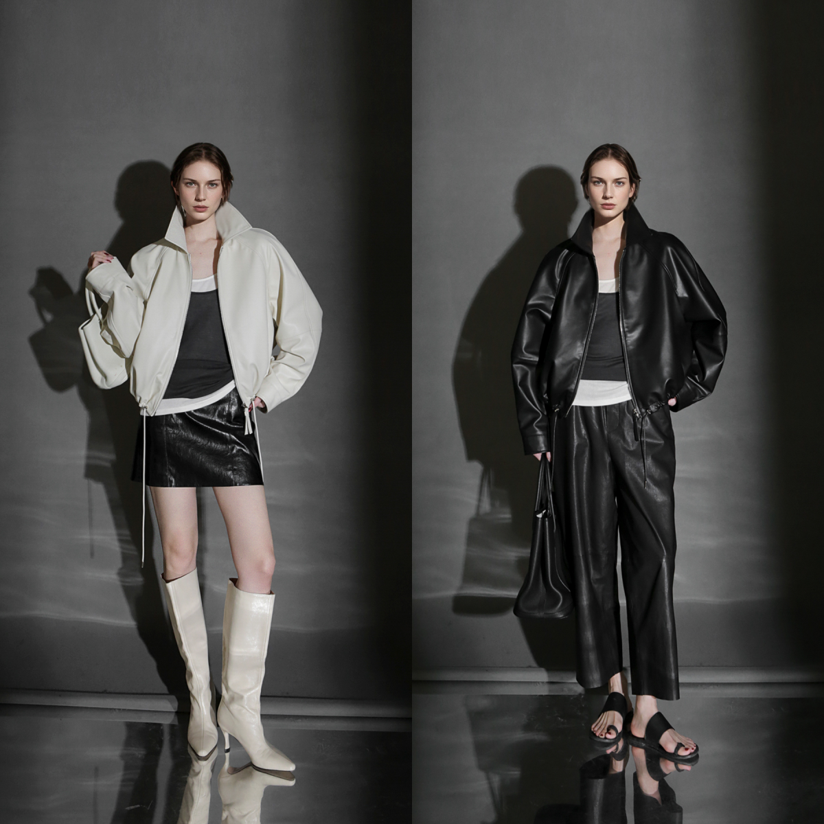 PIAOIN Small lapels short motorcycle leather jacket hem trimmed spring-DAX.