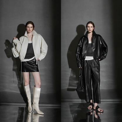 PIAOIN Small lapels short motorcycle leather jacket hem trimmed spring-DAX.