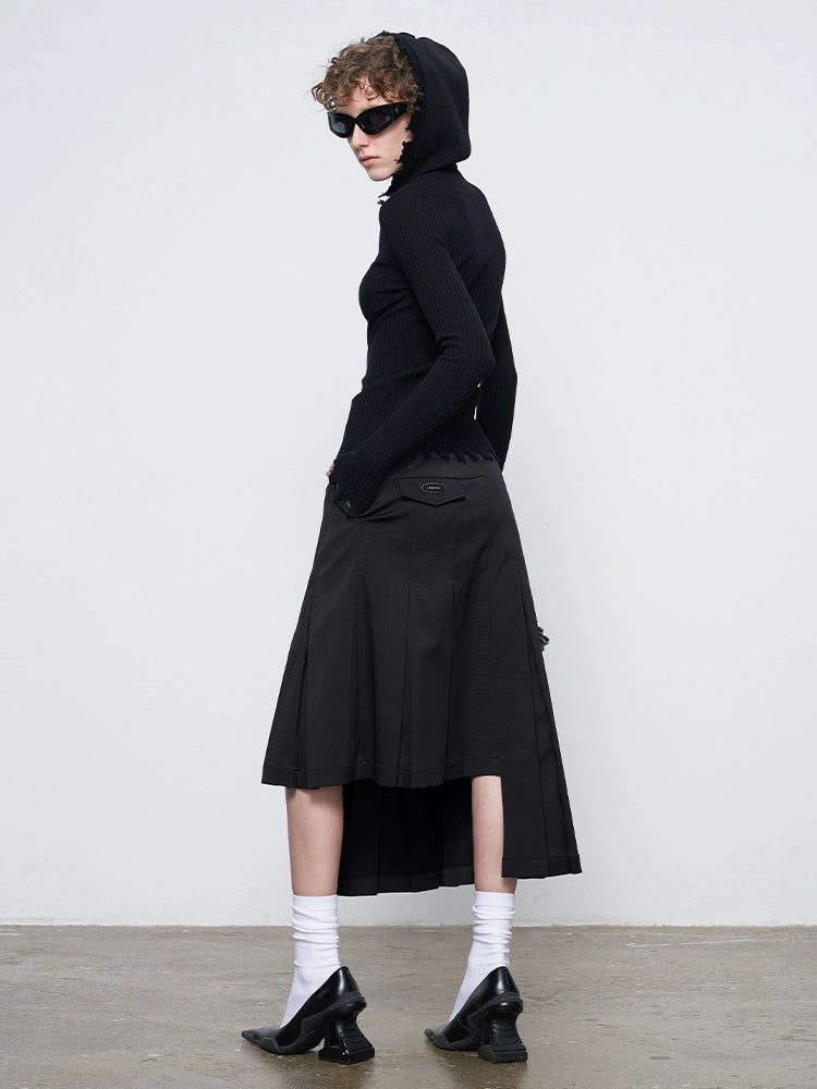ANNAKIKI model black asymmetrical pleated skirt for women-CHIKAKO
