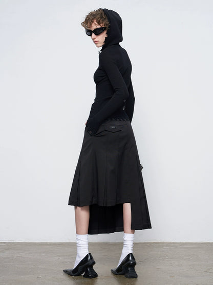 ANNAKIKI model black asymmetrical pleated skirt for women-CHIKAKO