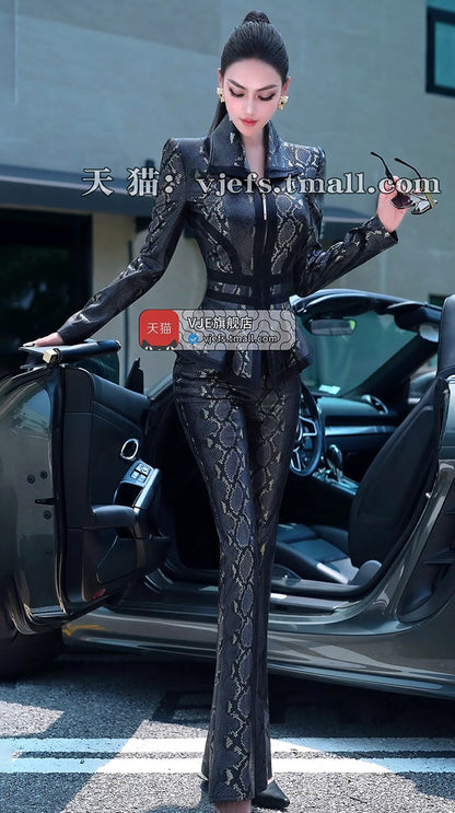 VJE Snake Print Jacket High-Waisted Micro Flared Pants Two-Piece Set-LILO.