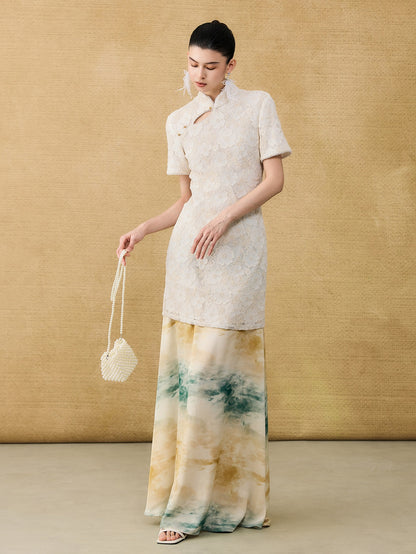 HECO Chinese style short-sleeved embossed flower summer cut-out short dress- TEMIRO.