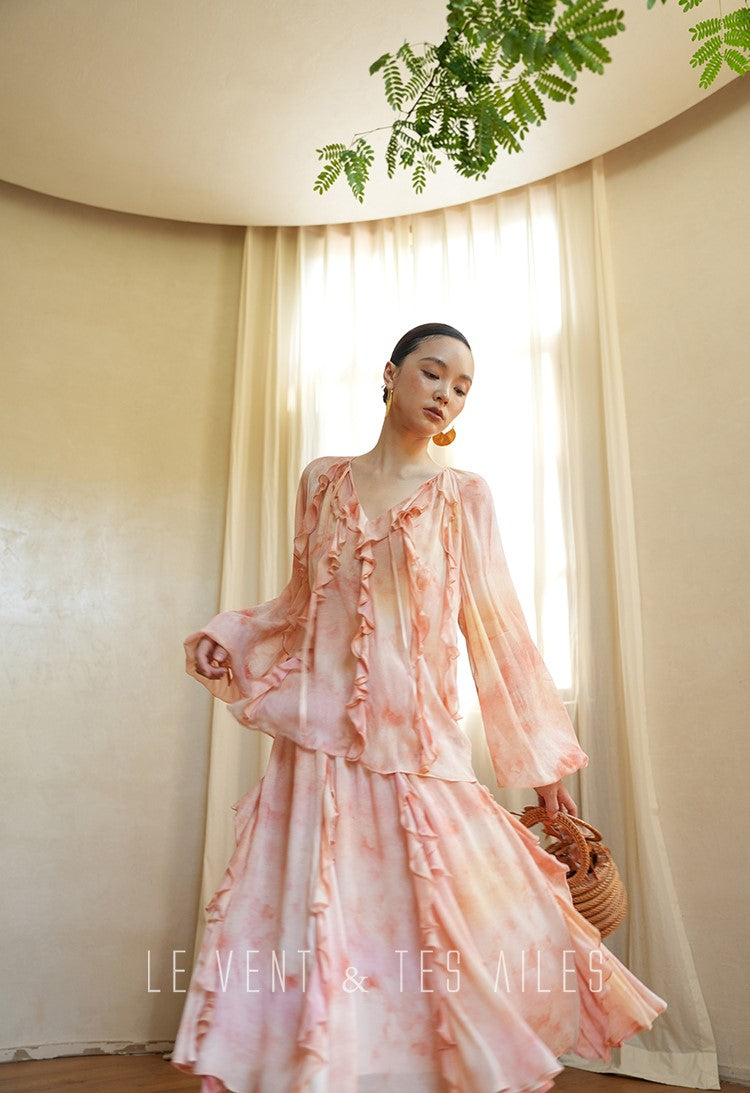 LE VENT& TES AILES Spring summer elegant multicolor silk smudged floral shirt skirt-ENE