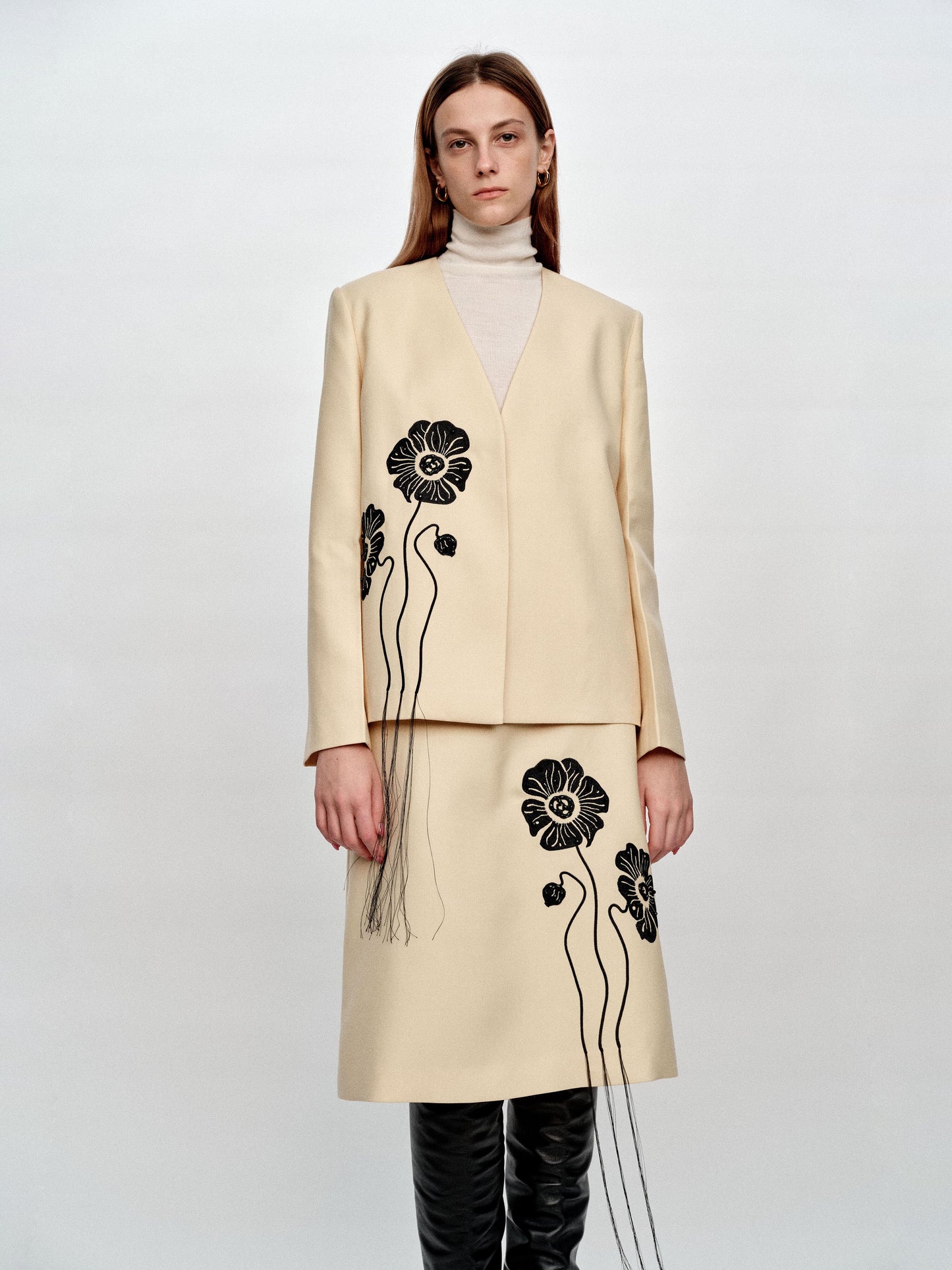 SERRER Flower embroidery beads tassels pale yellow collarless blazer - TYLER.