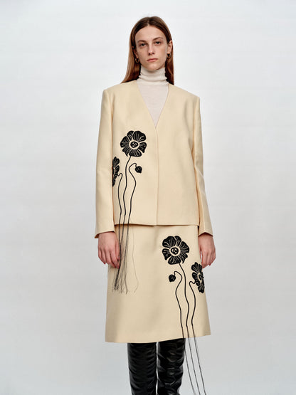 SERRER Flower embroidery beads tassels pale yellow collarless blazer - TYLER.