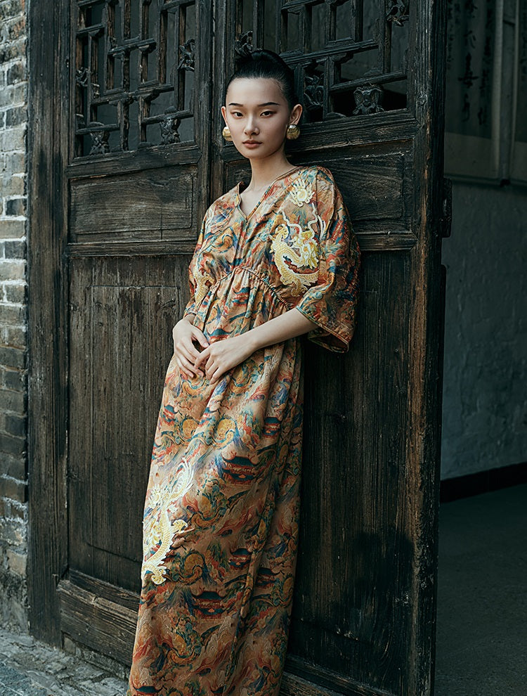 HECO Chinese Waist Cinched V-Neck Dress - QIN