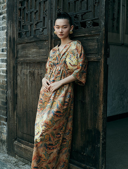 HECO Chinese Waist Cinched V-Neck Dress - QIN