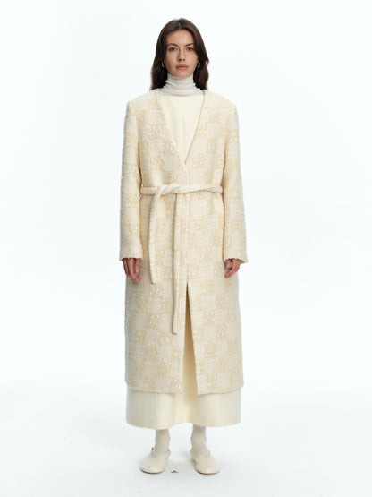 SERRER Beige roving texture weave style lace-up wool coat - FATIMA.