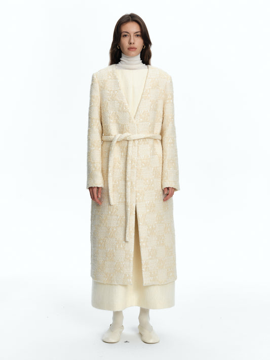SERRER Beige roving texture weave style lace-up wool coat - FATIMA.