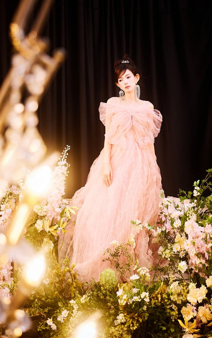 DOLLY Elegant Pink Sleeveless Big Bow Long Pleated Sequin Award Night Dress-CLEO  (V)