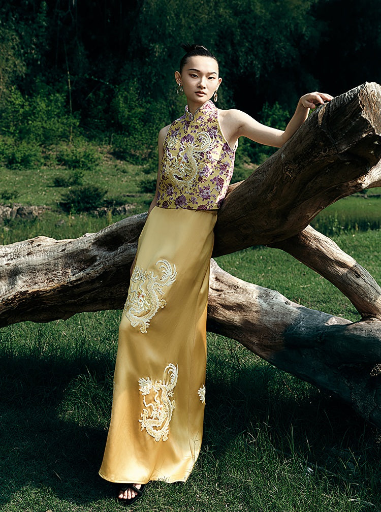 HECO Chinese Retro Style Embroidery Golden Dragon Stand-up Collar Vest Top  - QANT.