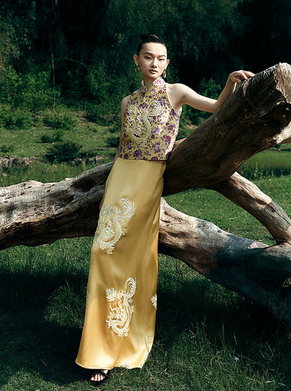 HECO Chinese Retro Style Embroidery Golden Dragon Stand-up Collar Vest Top  - QANT.