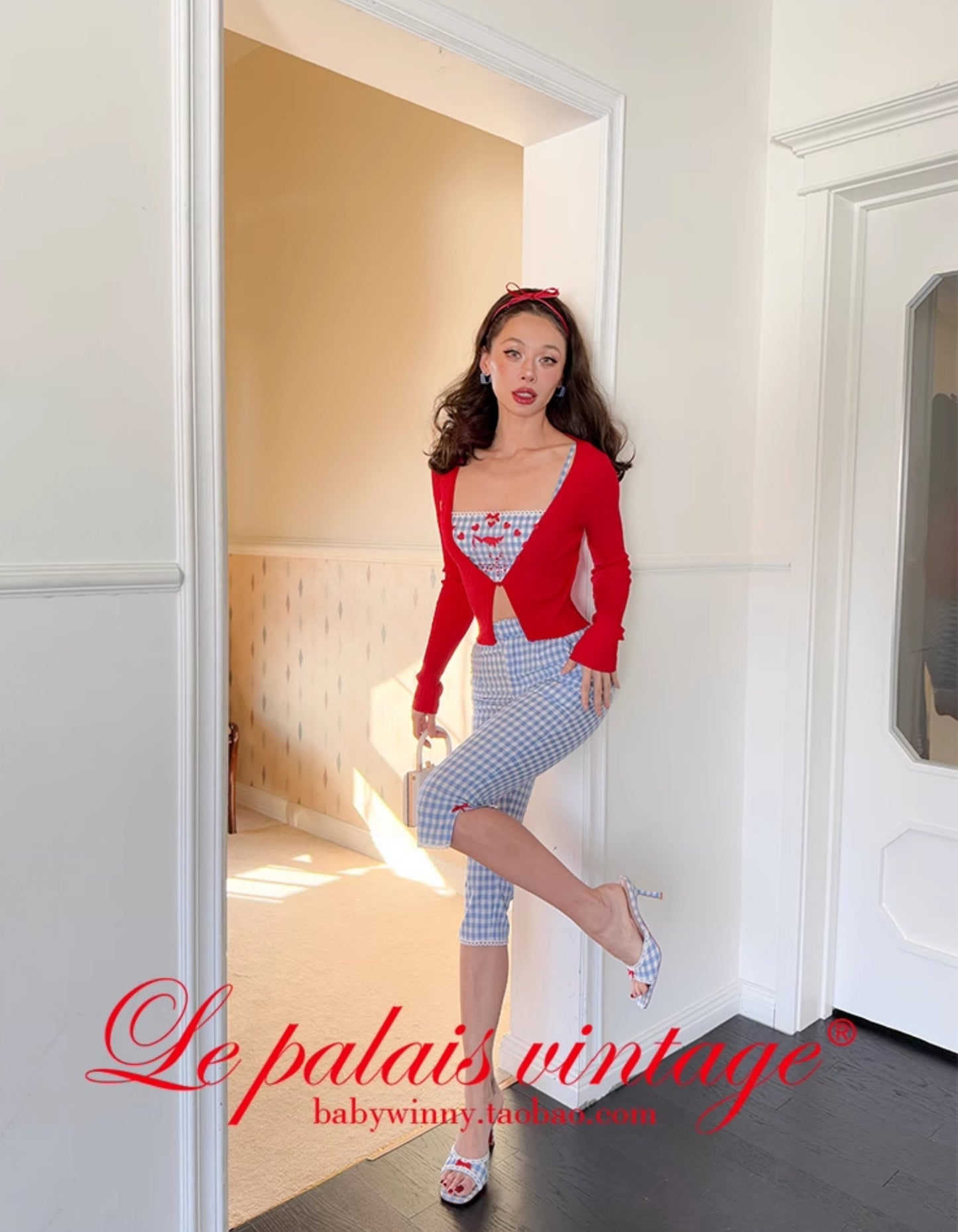 Le Palais Vintage French  Blue  Shorts Red Slim Cardigan- ELFS.
