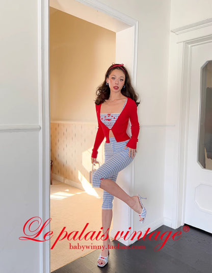 Le Palais Vintage French  Blue  Shorts Red Slim Cardigan- ELFS.