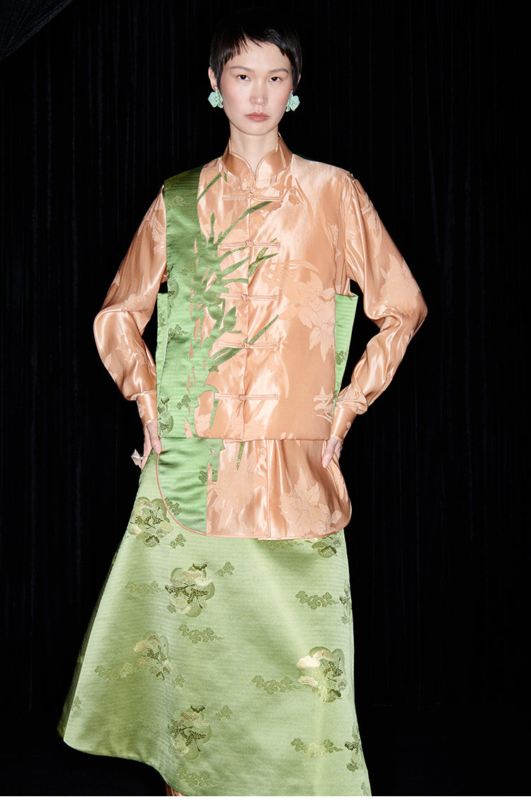 M essential Mackay's designer orchid puffer gilet shirt skirt Pant set - three.