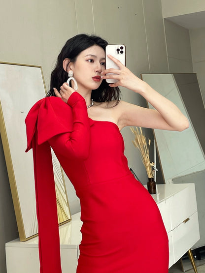 DOLLY Elegant Slant Collar Long Sleeve Bow Drape Body Hug Dinner Dress-CALA