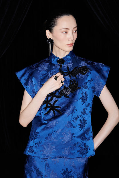 M essential Ma Kai designer Haiqing jacquard gag fish algae pattern nail bead top - CHEN.