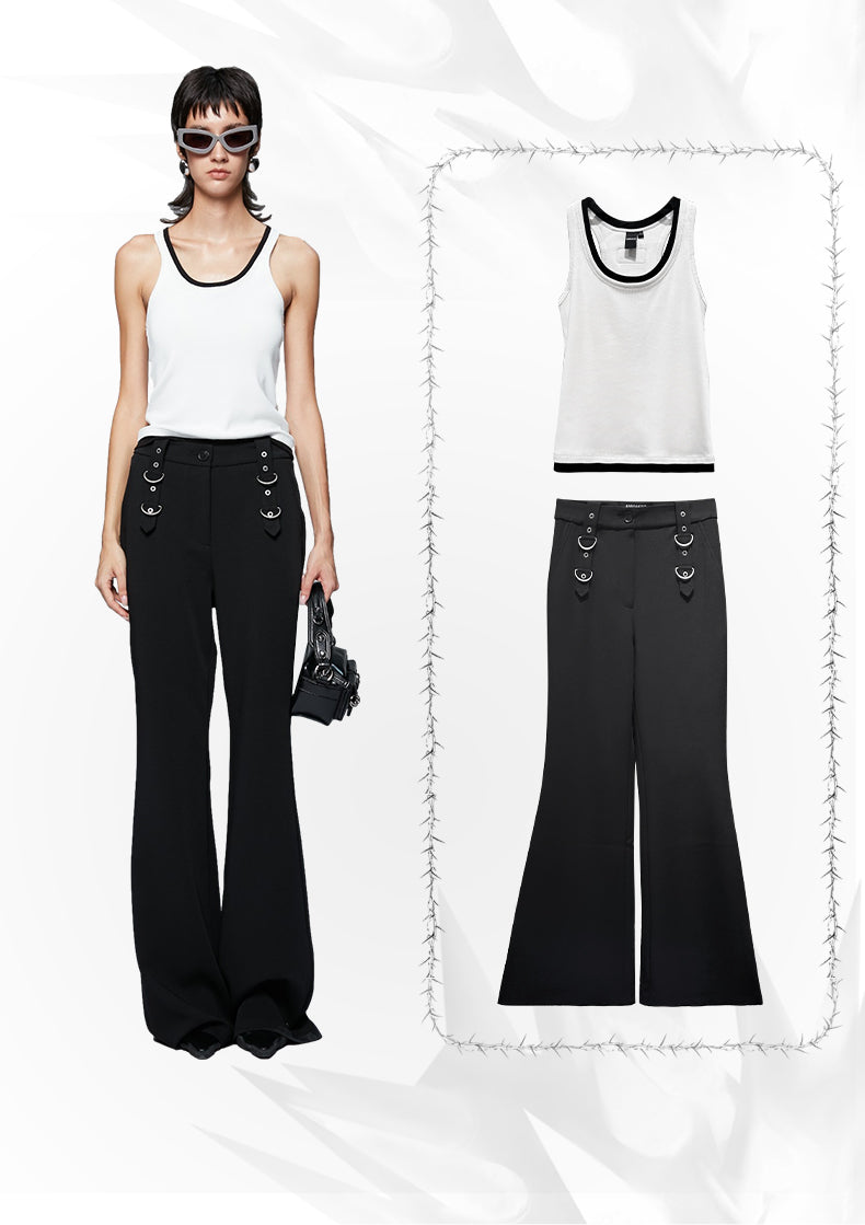 ANNAKIKI Designer Black Buckle Slim Fit Wide-Leg Casual Boot Pants-SAKATA