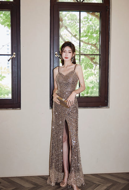 DOLLY High End Sleeveless Beaded Sequin Long High waist Suspender Cocktail Dress-ANABEL