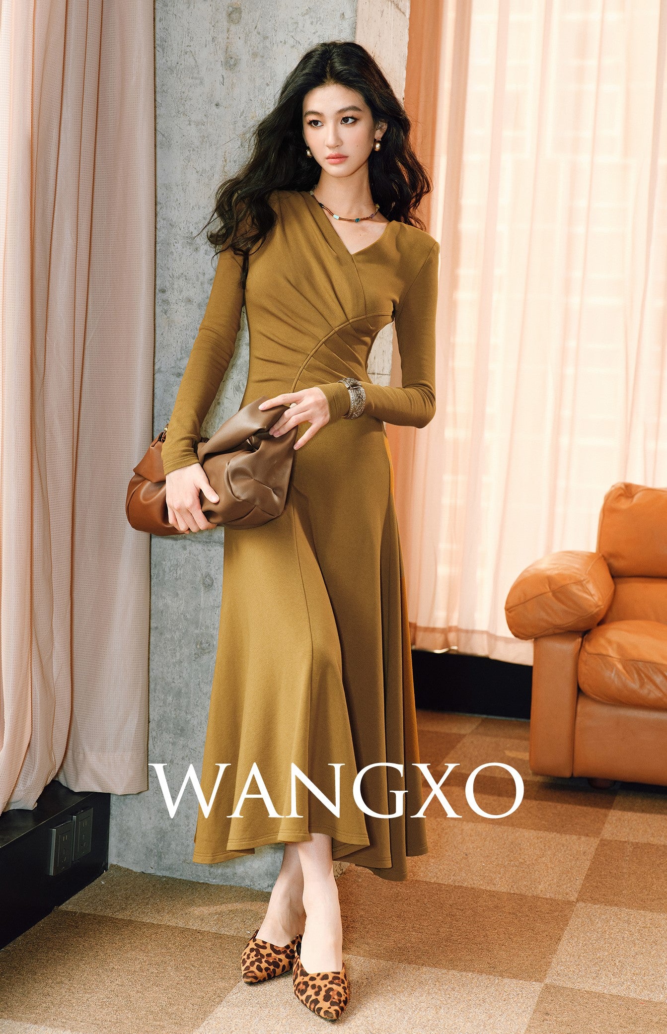 WANGXO | Knitted Fabric Sculptural Pleats Overlapping V-Neck Slim A-Hem Dress-NORA.