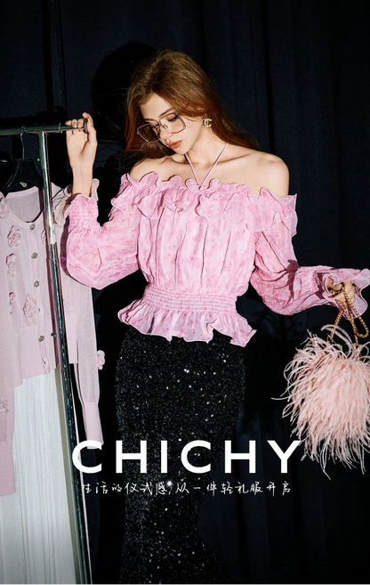 CHICHY French beautiful one-line collar long sleeve super fairy floral shirt-KIM